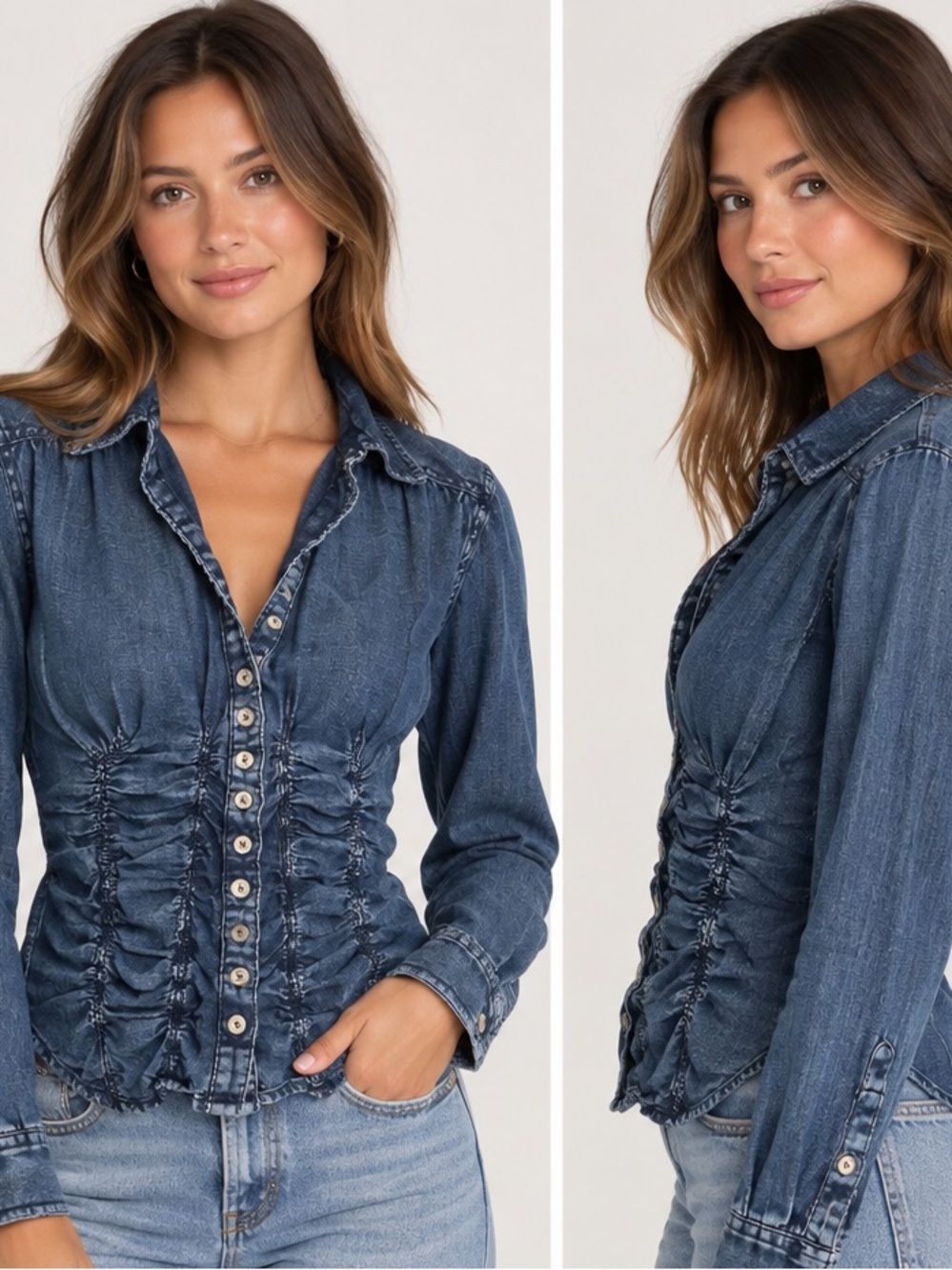 Anthropologie Pilcro Denim Ruched Button Shirt